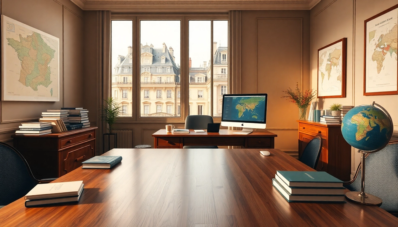 Bureau d'un traducteur assermenté à Paris, éclairage chaleureux et décor professionnel.