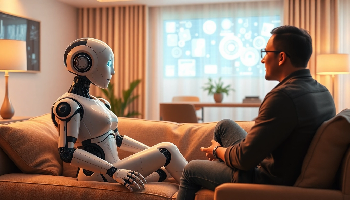 AI sex bot engaging in a friendly conversation in a cozy living room setting.