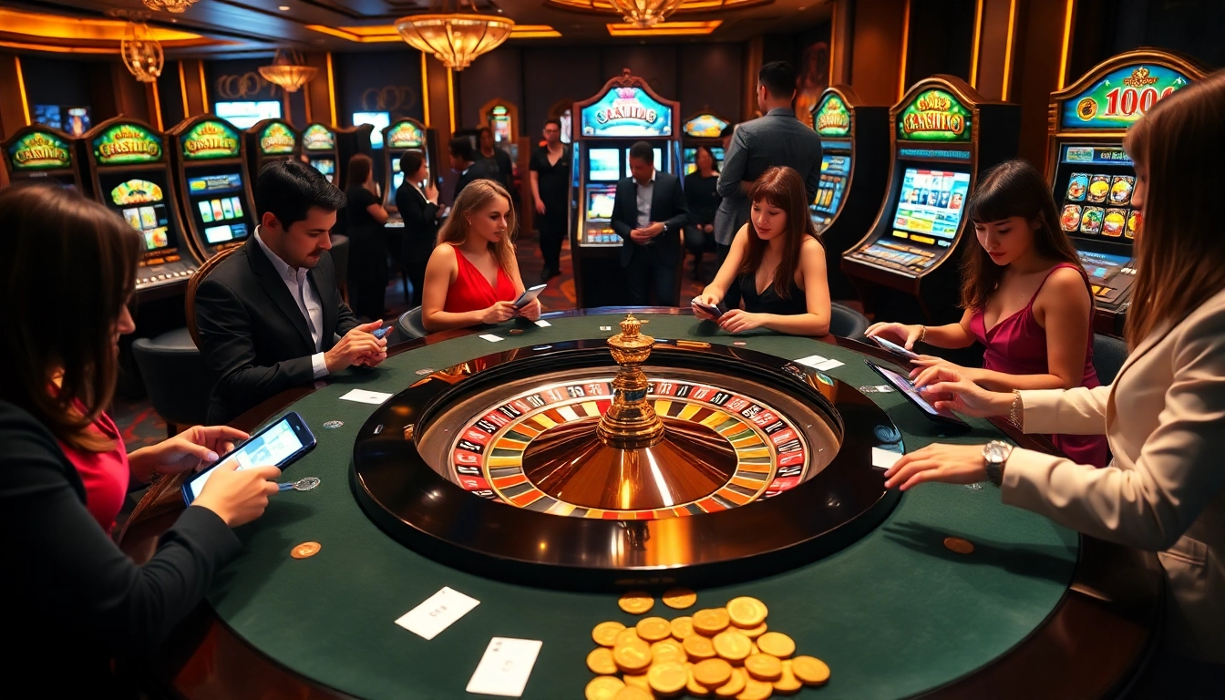 This image features a lively casino scene showcasing casino en ligne avec bonus sans depot, with players at a roulette table and vibrant slot machines.