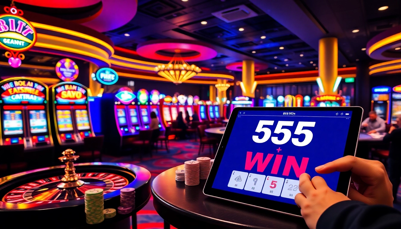 A vibrant casino scene showcasing players enjoying the thrill of a 555 win at various gaming tables.
