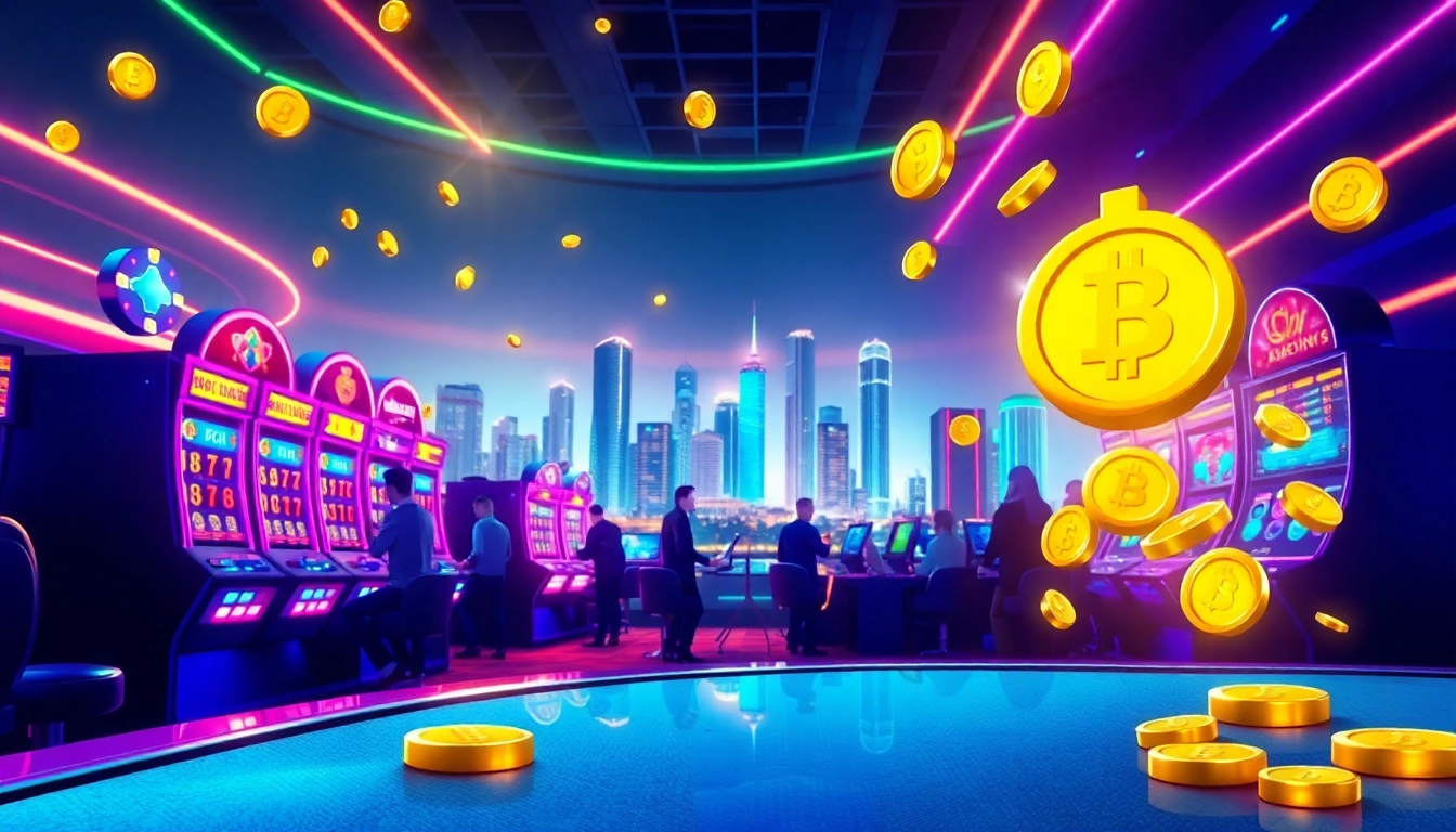 Joueurs heureux dans un crypto casino, échanges de crypto-monnaies et excitement palpable.
