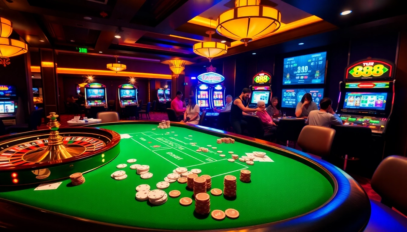 Exciting casino scene showcasing u 888 gaming atmosphere with vibrant tables and engaged players.