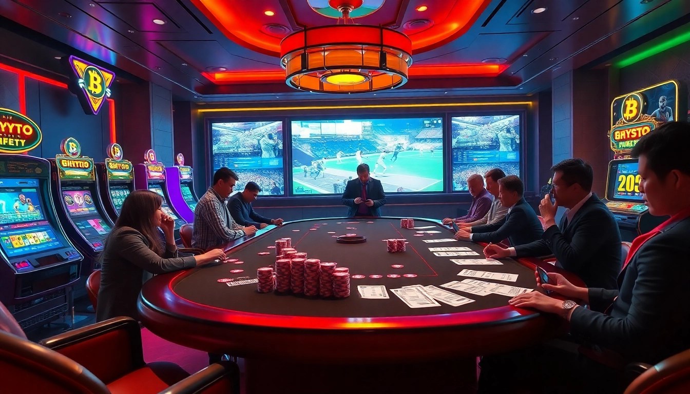 Exciting scene of players engaging in betting at crypto betting sites with vibrant casino elements.