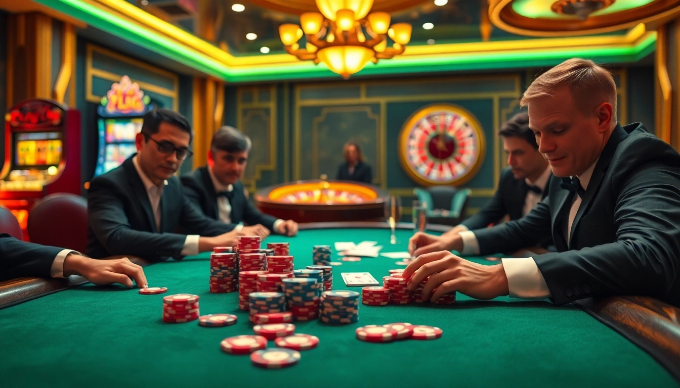 FLY88 poker game in a luxurious casino setting with vibrant chips and cards.