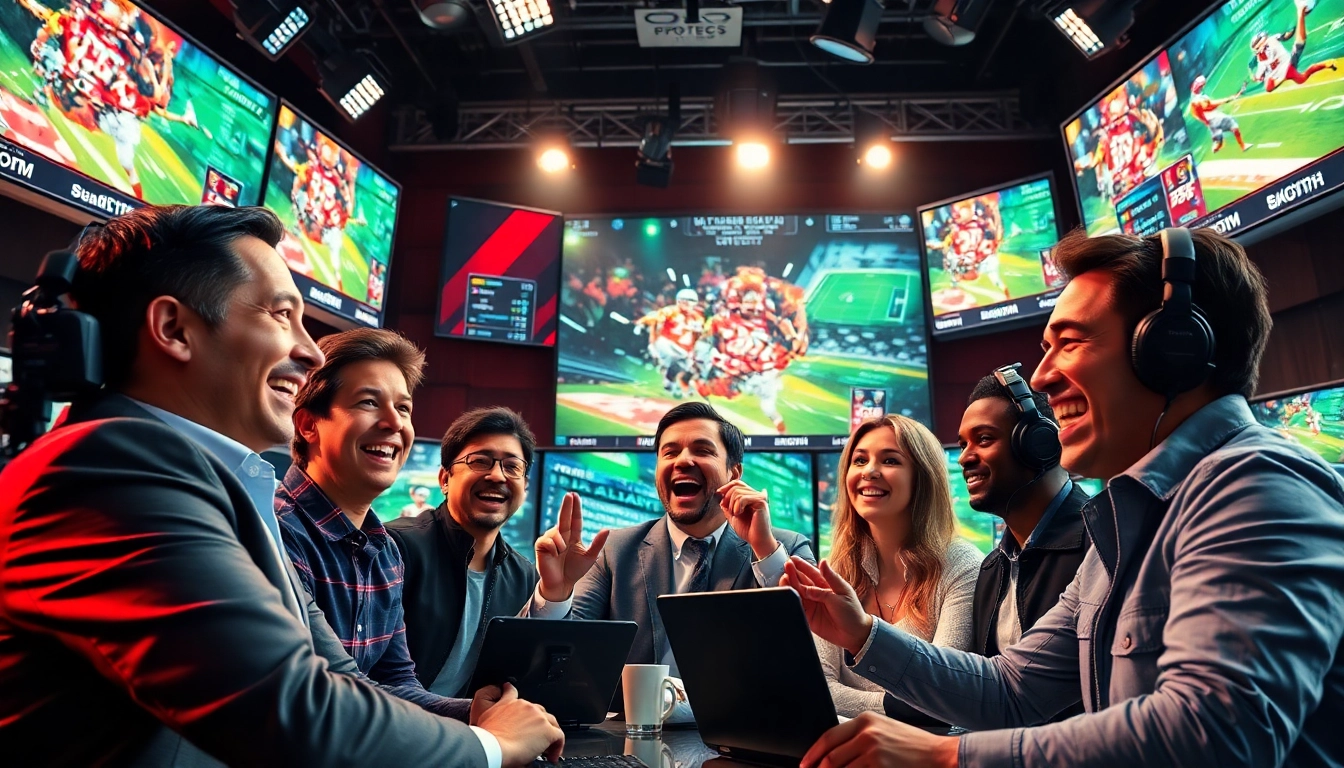 Engaging sports broadcasting scene showcasing diverse commentators in a high-tech studio.