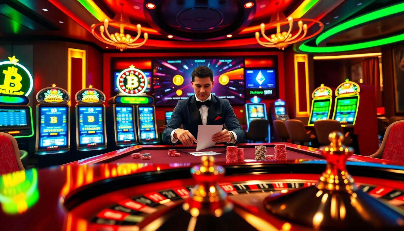 A lively casino crypto en ligne atmosphere showcasing an elegant card table, vibrant slot machines, and colorful poker chips.