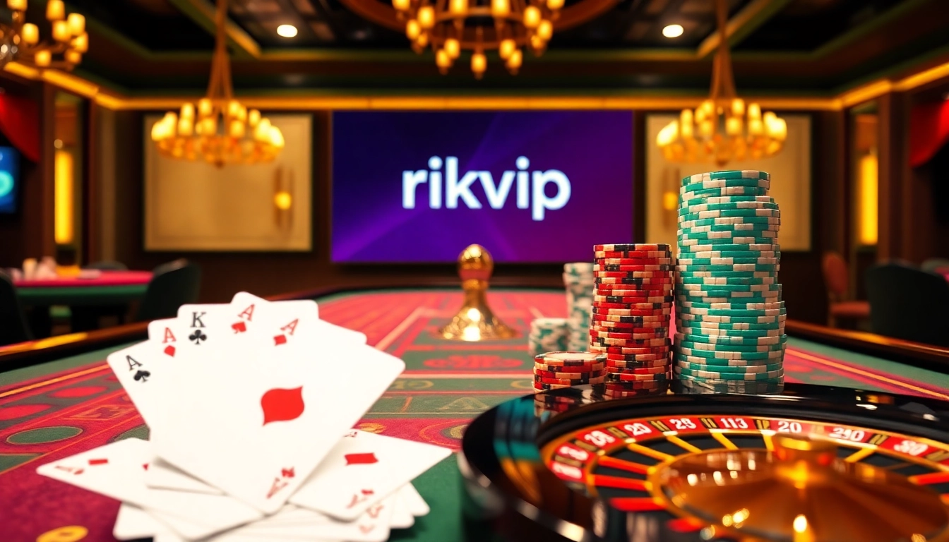 A thrilling casino experience at rikvip with vibrant chip stacks and illuminated gaming tables.