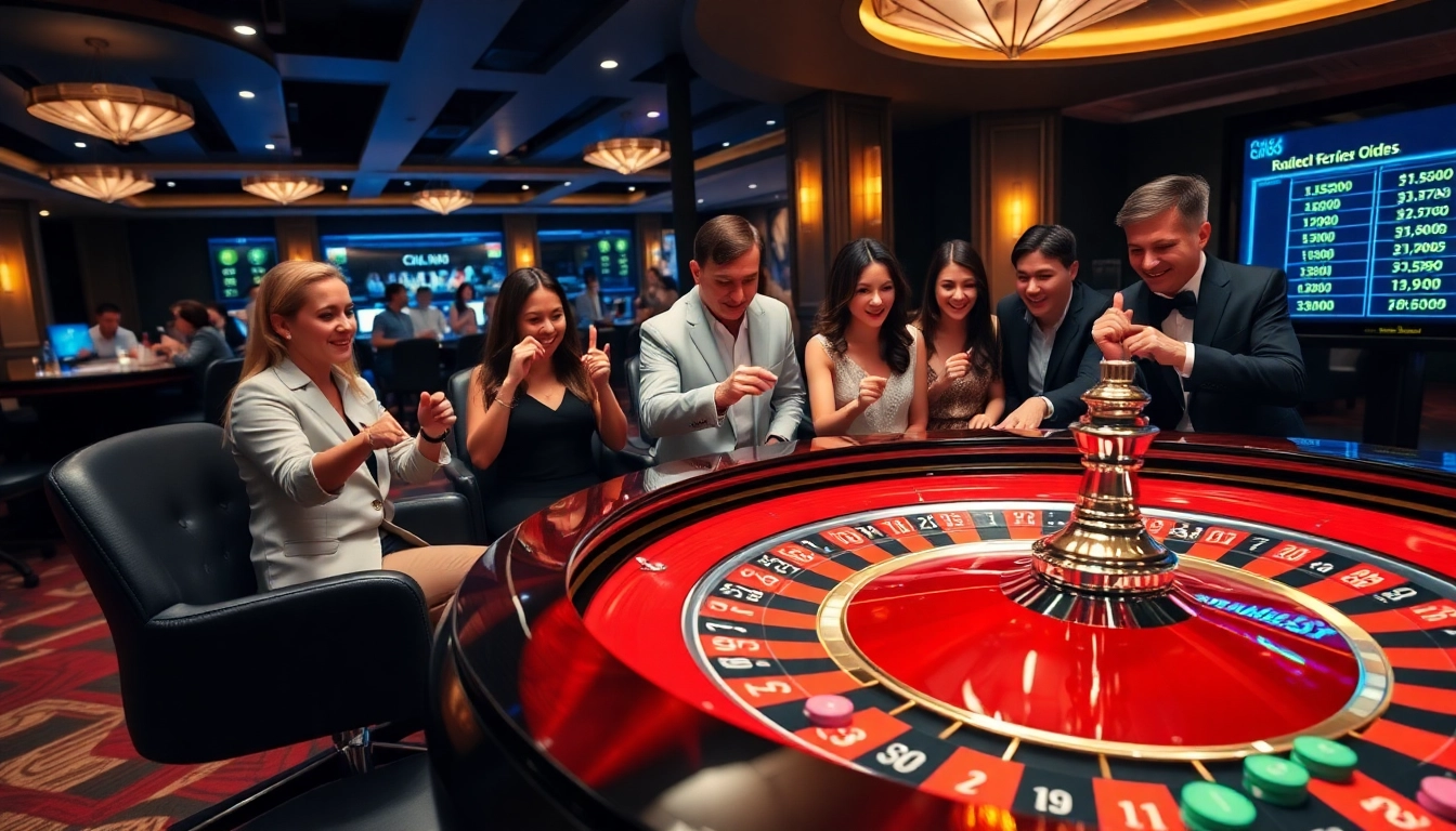 Experience thrilling betting action at CM88's roulette table, surrounded by excited gamblers.