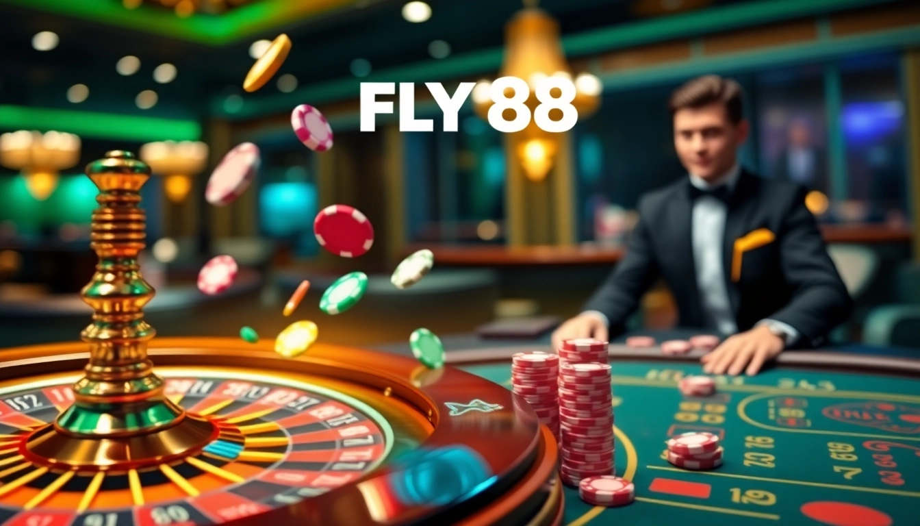 FLY88 online casino interface, showcasing dynamic roulette and poker elements.