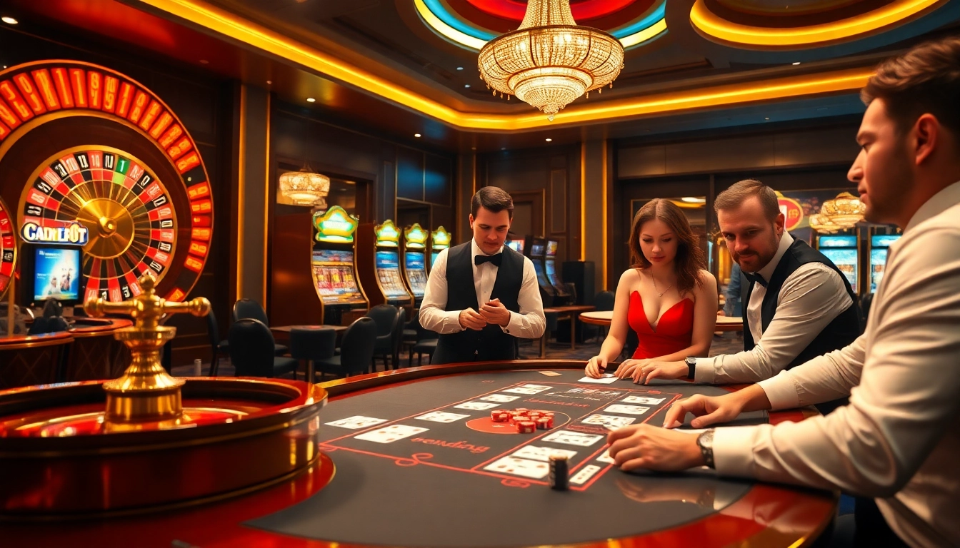 Experience the thrills of gambling at https://f8bet.dental/ with luxury casino elements featuring poker tables and roulette wheels.