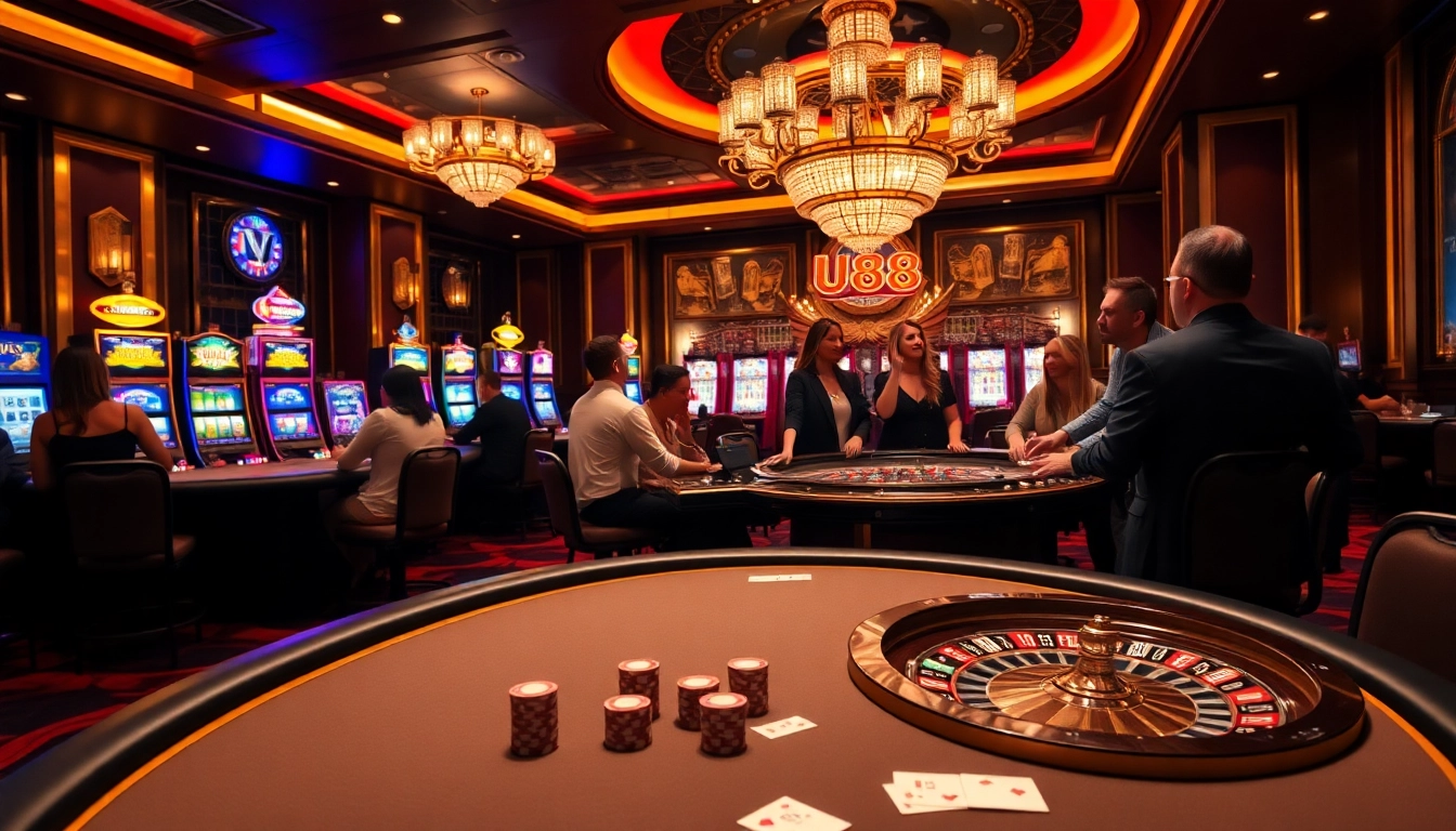 Thrilling gambling action at UU88 casino tables with poker chips and a roulette wheel.