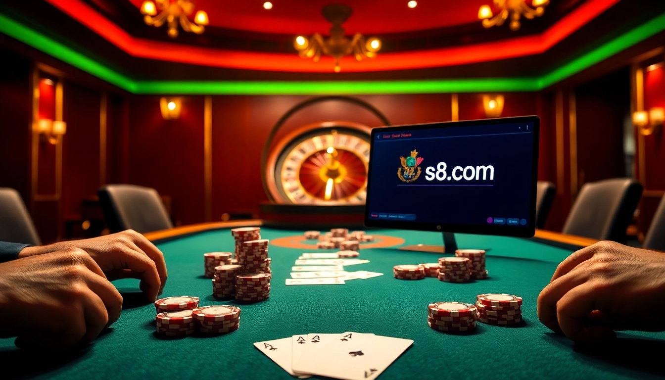 Engage with thrilling games at s8.com featuring vibrant poker tables and roulette wheels.