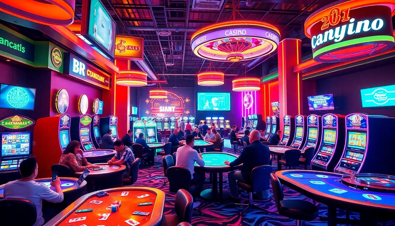 Les joueurs s'amusent dans un casino crypto vibrant, entourés de lumières néon colorées.