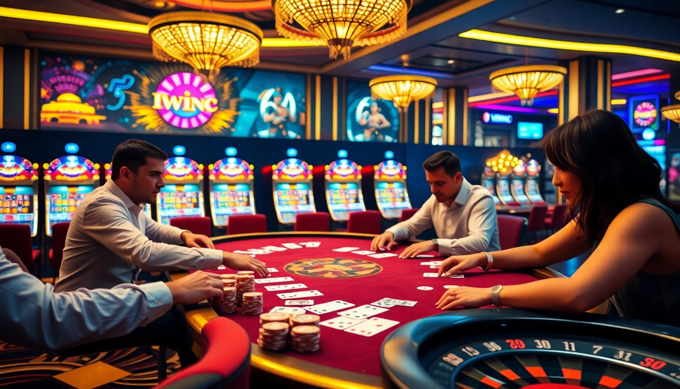 Players at IWIN68 poker table, surrounded by vibrant casino elements, showcasing thrilling gambling action.