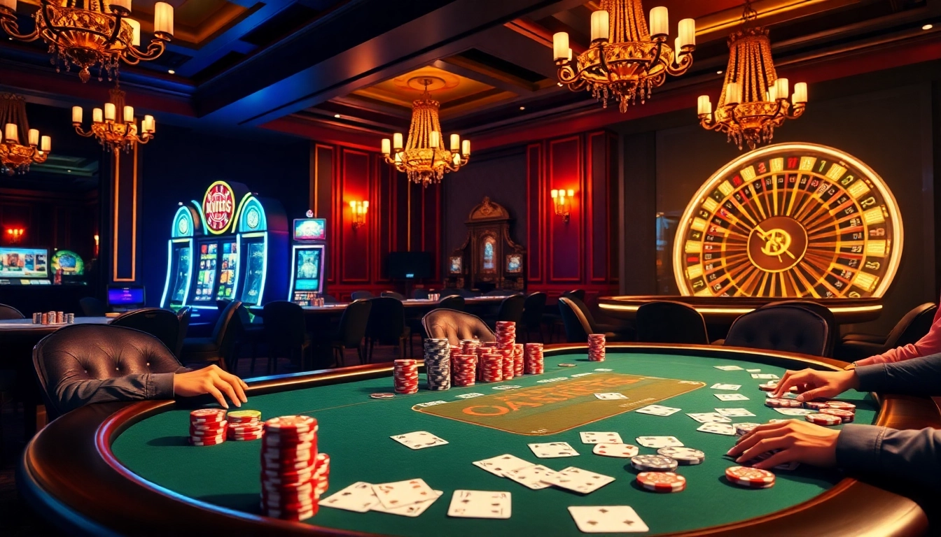 Engaging scene depicting excitement around crypto betting sites featuring poker and roulette wheels.