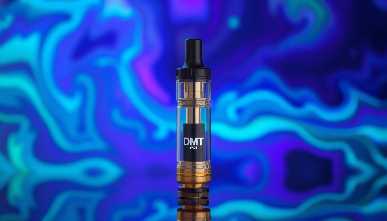 Purchase DMT carts for sale featuring a modern vape design against a colorful, psychedelic background.