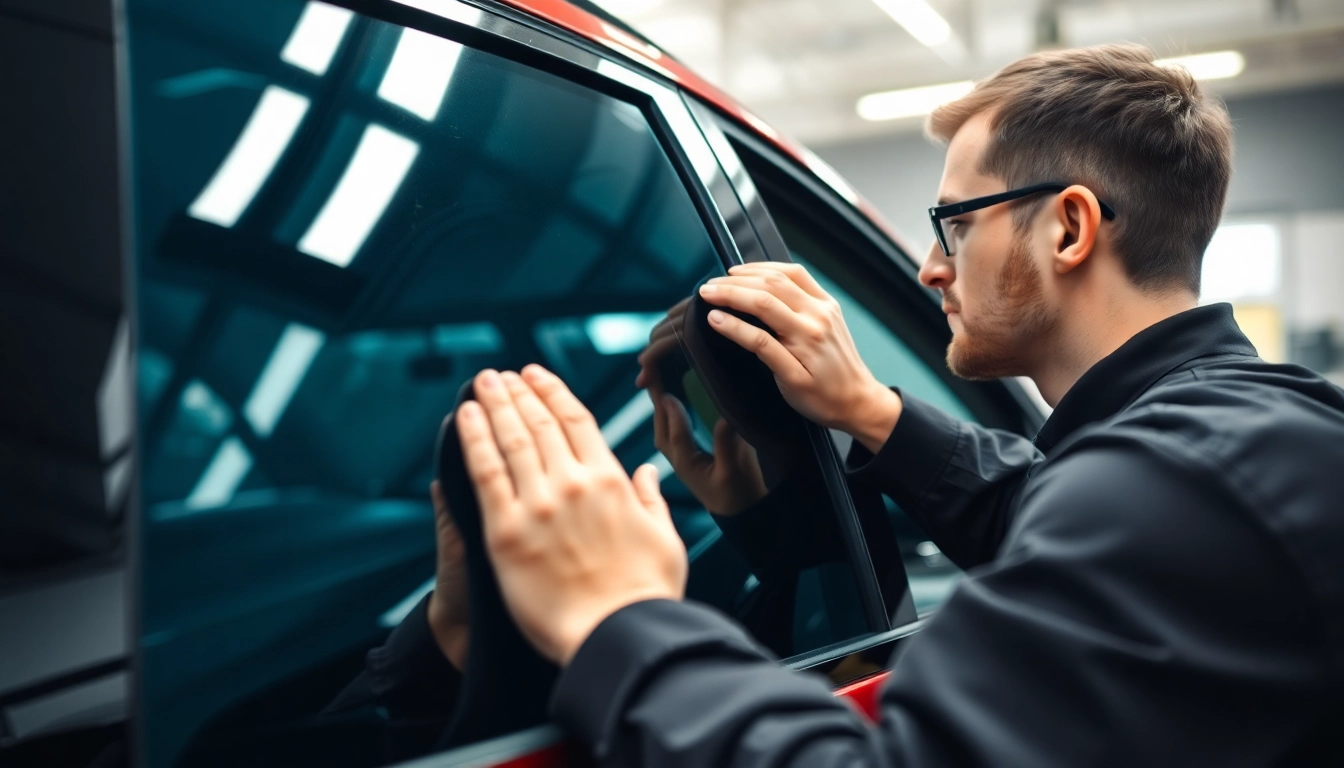 Get expert window tint near me with a technician applying tint on a vehicle.
