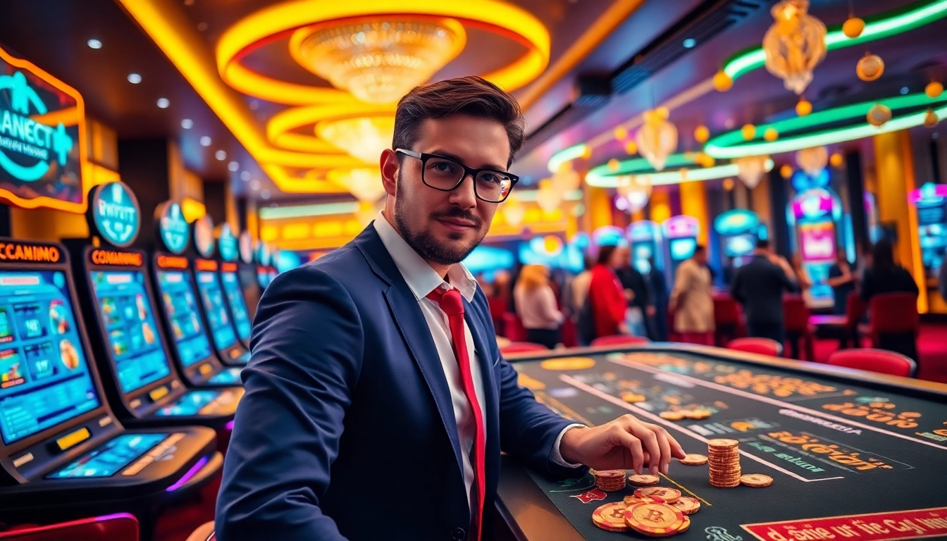 Rencontrez des gens jouant dans un crypto casino animé avec des lumières vives.