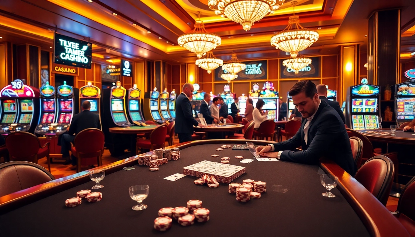 Gambling at a luxury casino en ligne fiable with vibrant slot machines and poker tables.
