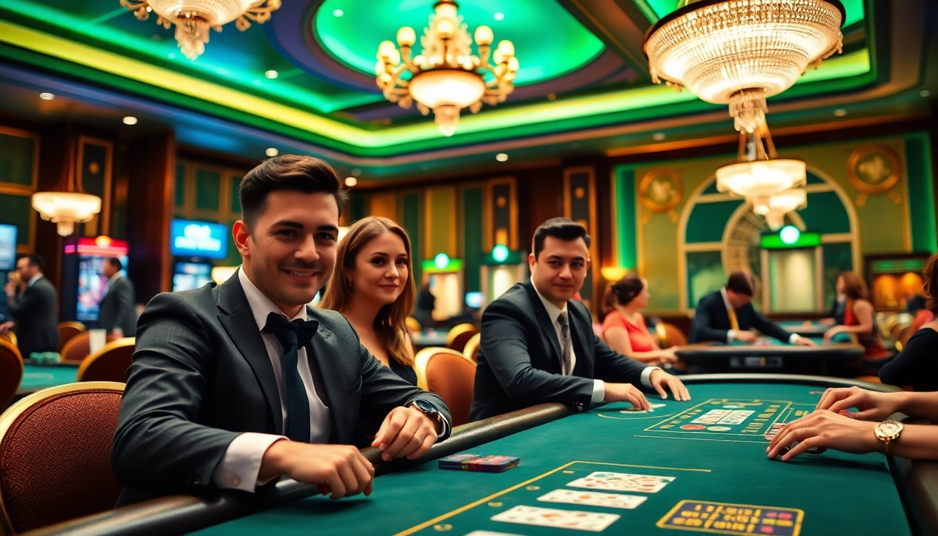 Joueurs de casino heureux au meilleur casino en ligne, entourés de tables élégantes et de jetons brillants.