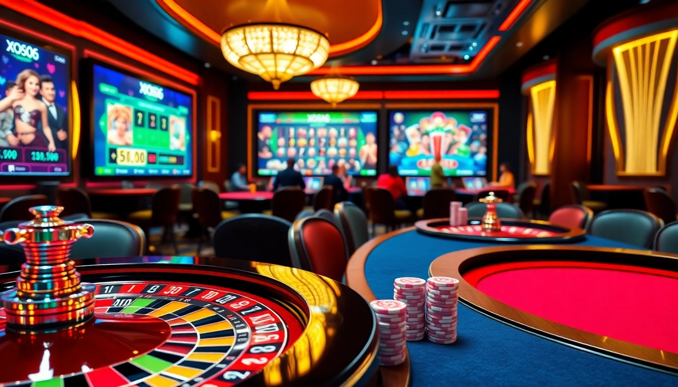 Xoso66 players enjoying a vibrant casino atmosphere with roulette and poker games.