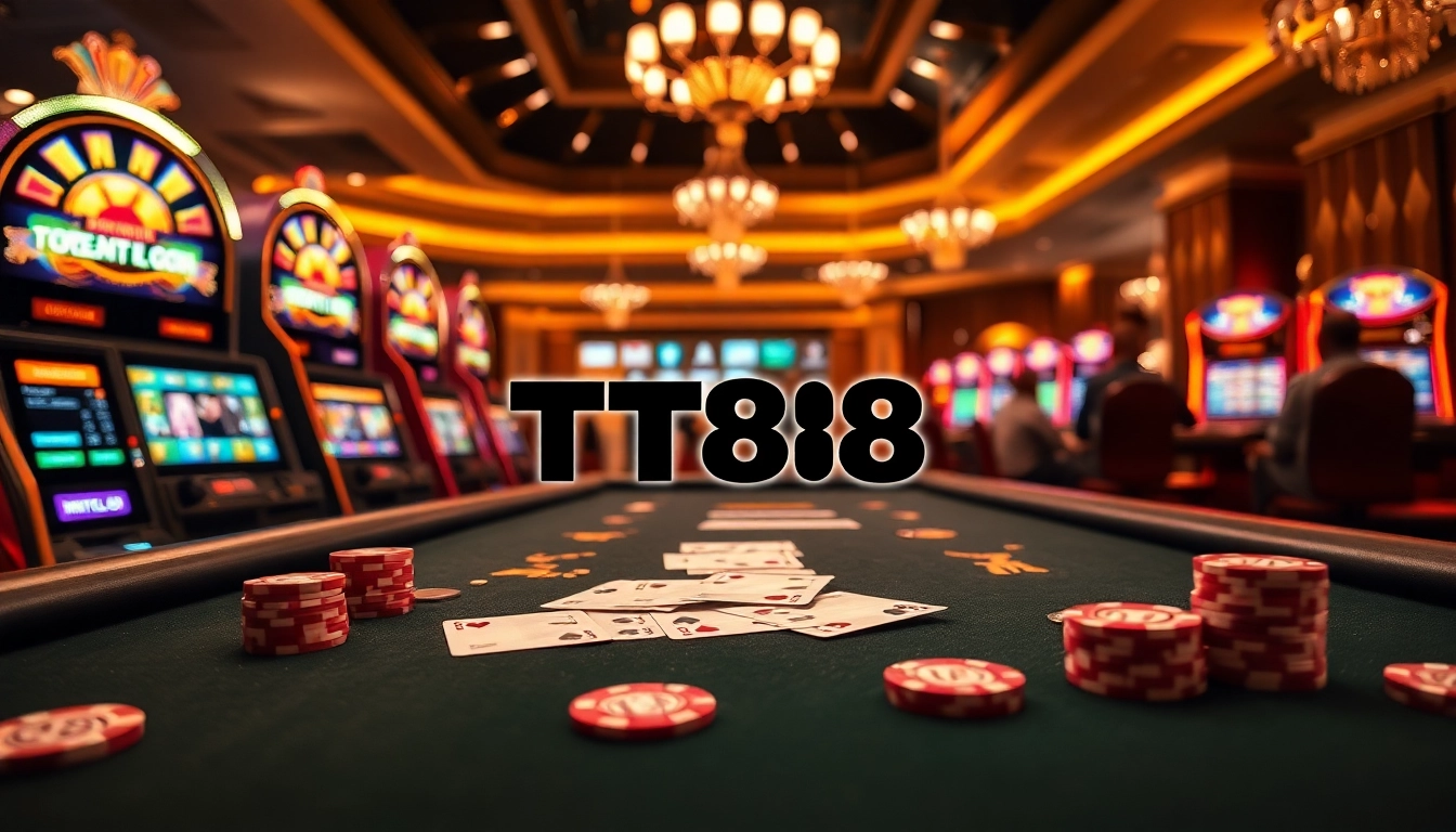 TT88 logo displayed on a vibrant casino table with poker chips and slot machines.