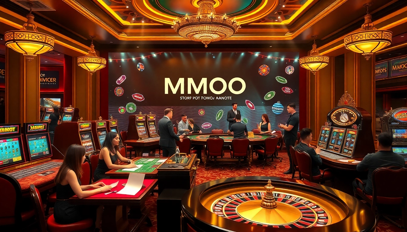 MMOO players enjoying a luxurious casino experience with vibrant slot machines and exciting games.