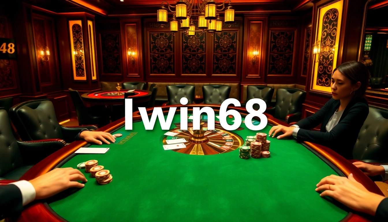 Iwin68 players engaging in a luxury poker game at an elegant casino table.