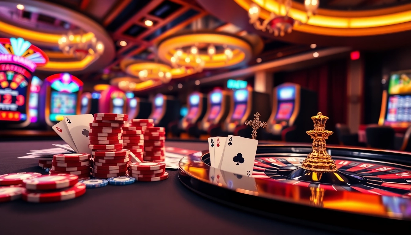 Gameplay virtuel passionnant dans un casino en ligne fiable, présentant des jetons de poker et des cartes vibrants.