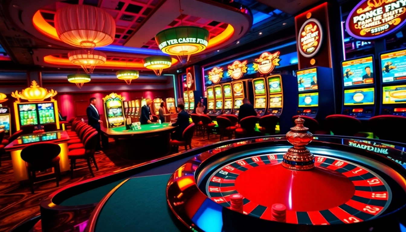 Une scène de jeu dynamique présentant un casino en ligne fiable avec des joueurs engagés à la roulette et aux machines à sous.