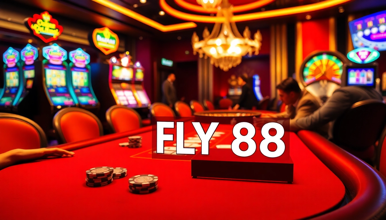 Engage with FLY 88 at a vibrant casino poker table, surrounded by slot machines and roulette excitement.