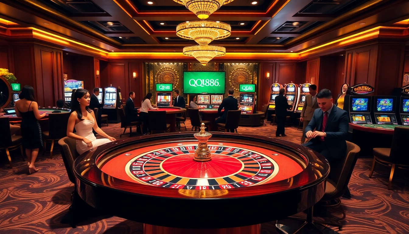 Gamblers enjoying a thrilling QQ88 roulette game in an elegant casino atmosphere.