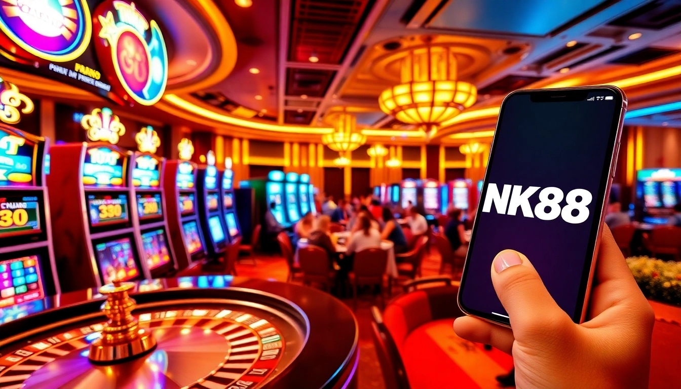 Players enjoying exciting games at NK88 casino with vibrant slot machines and roulette