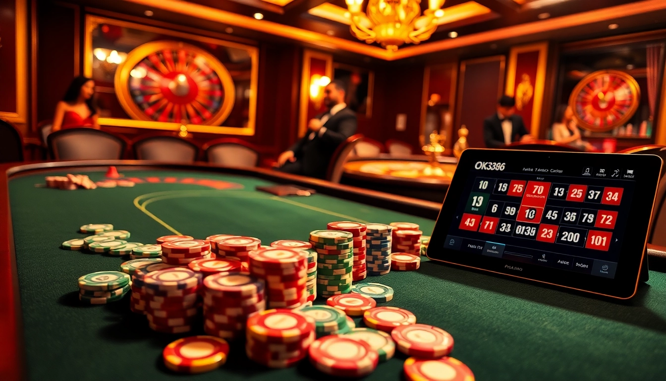 Engaging poker players at a luxurious casino scene showcasing OK8386's vibrant gambling environment.