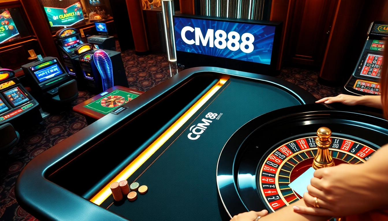 Excited players engage with CM88-themed poker chips and cards in a luxurious casino setting.